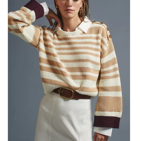 Anthropologie Maeve Twofer Cropped Layered Sweater + Mock Dress Shirt Striped XS - Picture 1 of 9
